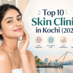 Top 10 Skin Clinics in Kochi 2026 featuring a woman with glowing skin, skincare treatment icons, and a Kochi waterfront scene