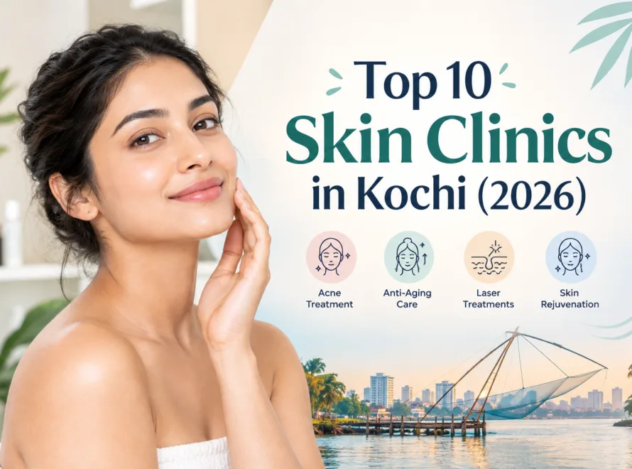 Top 10 Skin Clinics in Kochi 2026 featuring a woman with glowing skin, skincare treatment icons, and a Kochi waterfront scene