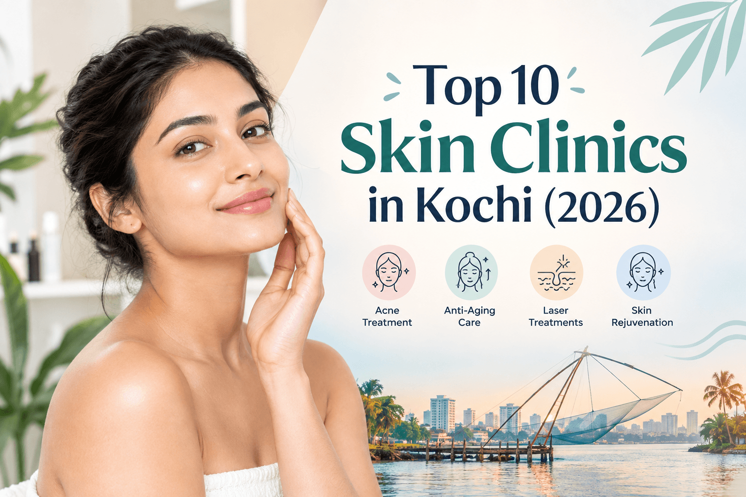 Top 10 Skin Clinics in Kochi 2026 featuring a woman with glowing skin, skincare treatment icons, and a Kochi waterfront scene