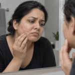 Woman over 30 looking sadly at acne on her face in a bathroom mirror