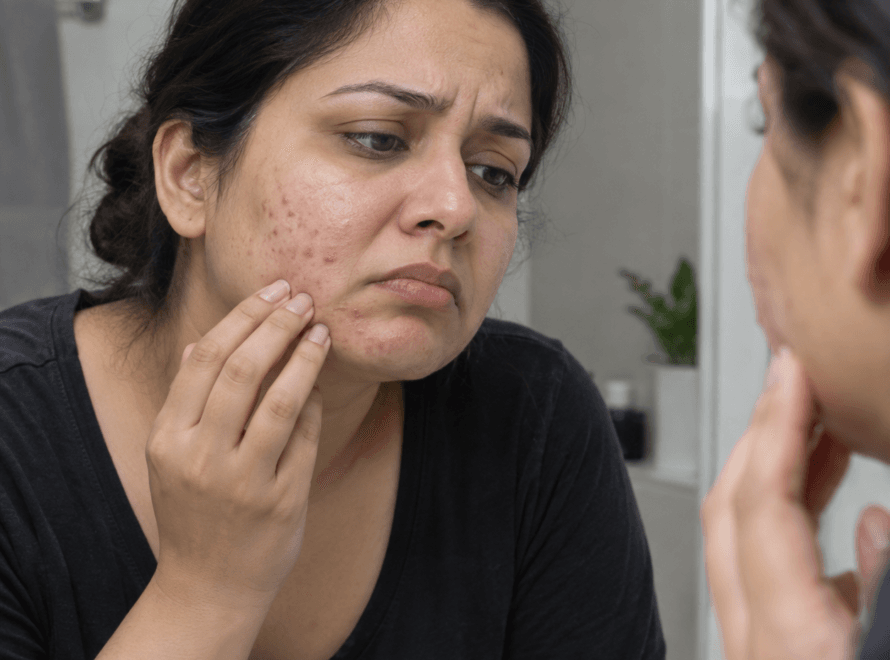 Woman over 30 looking sadly at acne on her face in a bathroom mirror