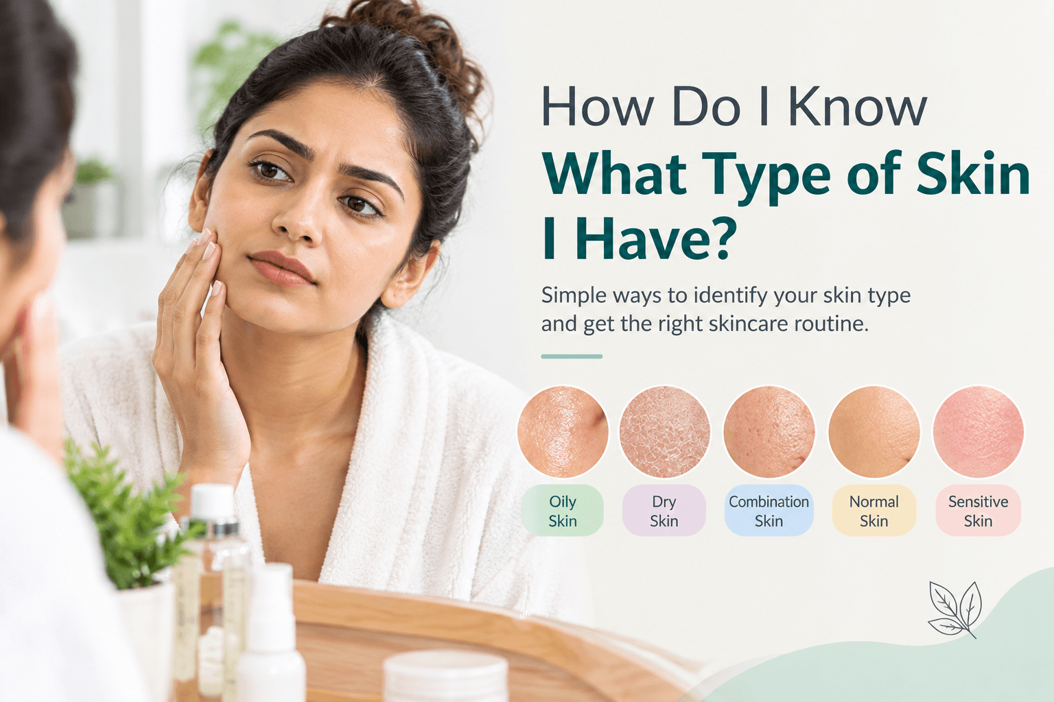 Woman checking her skin type in a mirror to identify oily, dry, combination, or normal skin.identify your skin type with simple at-home methods and understand whether your skin is oily, dry, combination, normal, or sensitive