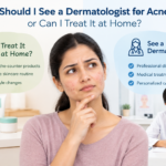 Woman with acne considering whether to see a dermatologist or treat acne at home