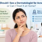 Woman with acne considering whether to see a dermatologist or treat acne at home