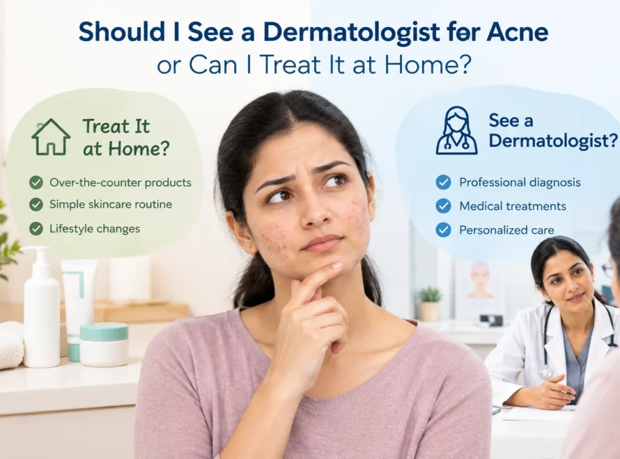 Woman with acne considering whether to see a dermatologist or treat acne at home