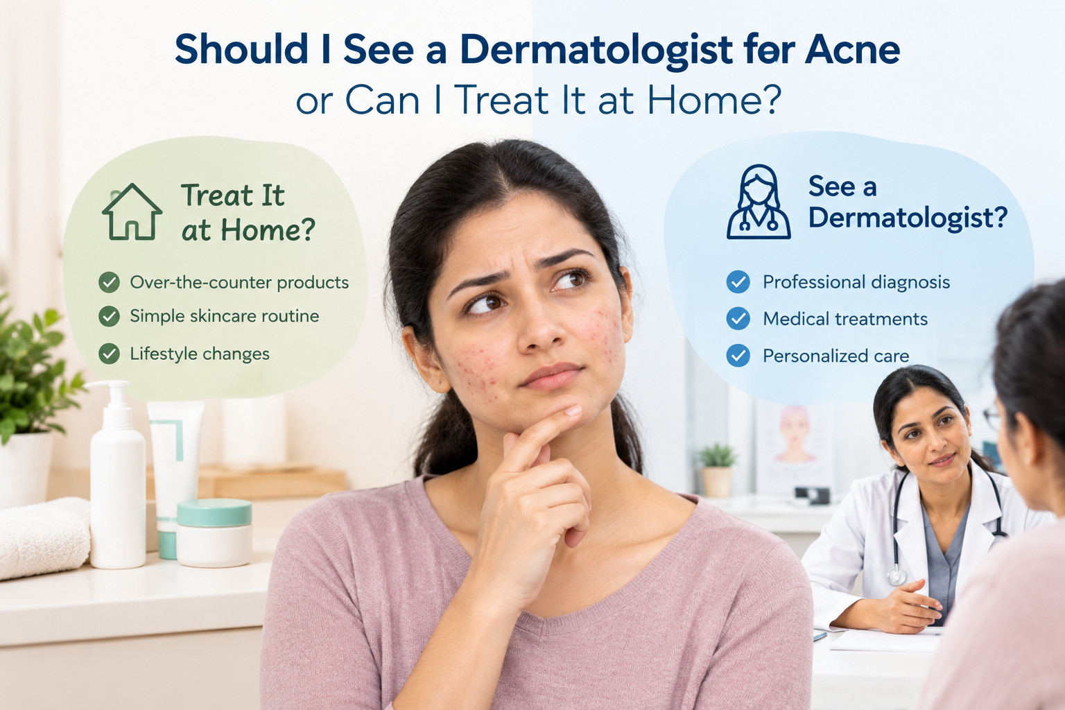Woman with acne considering whether to see a dermatologist or treat acne at home