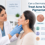 Dermatologist examining acne scars and pigmentation on a woman's face