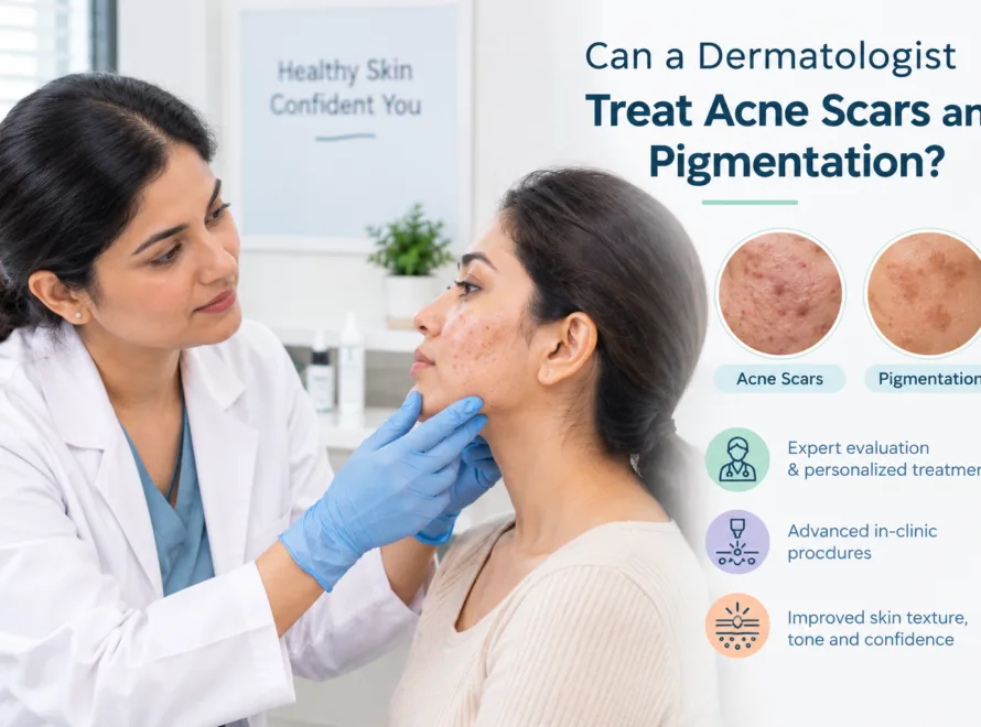 Dermatologist examining acne scars and pigmentation on a woman's face