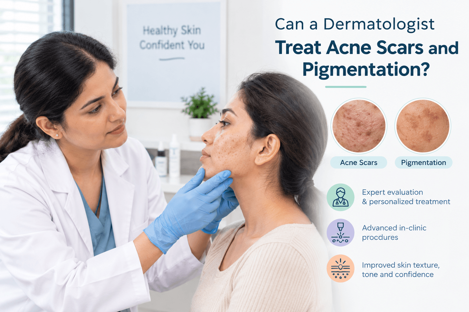 Dermatologist examining acne scars and pigmentation on a woman's face